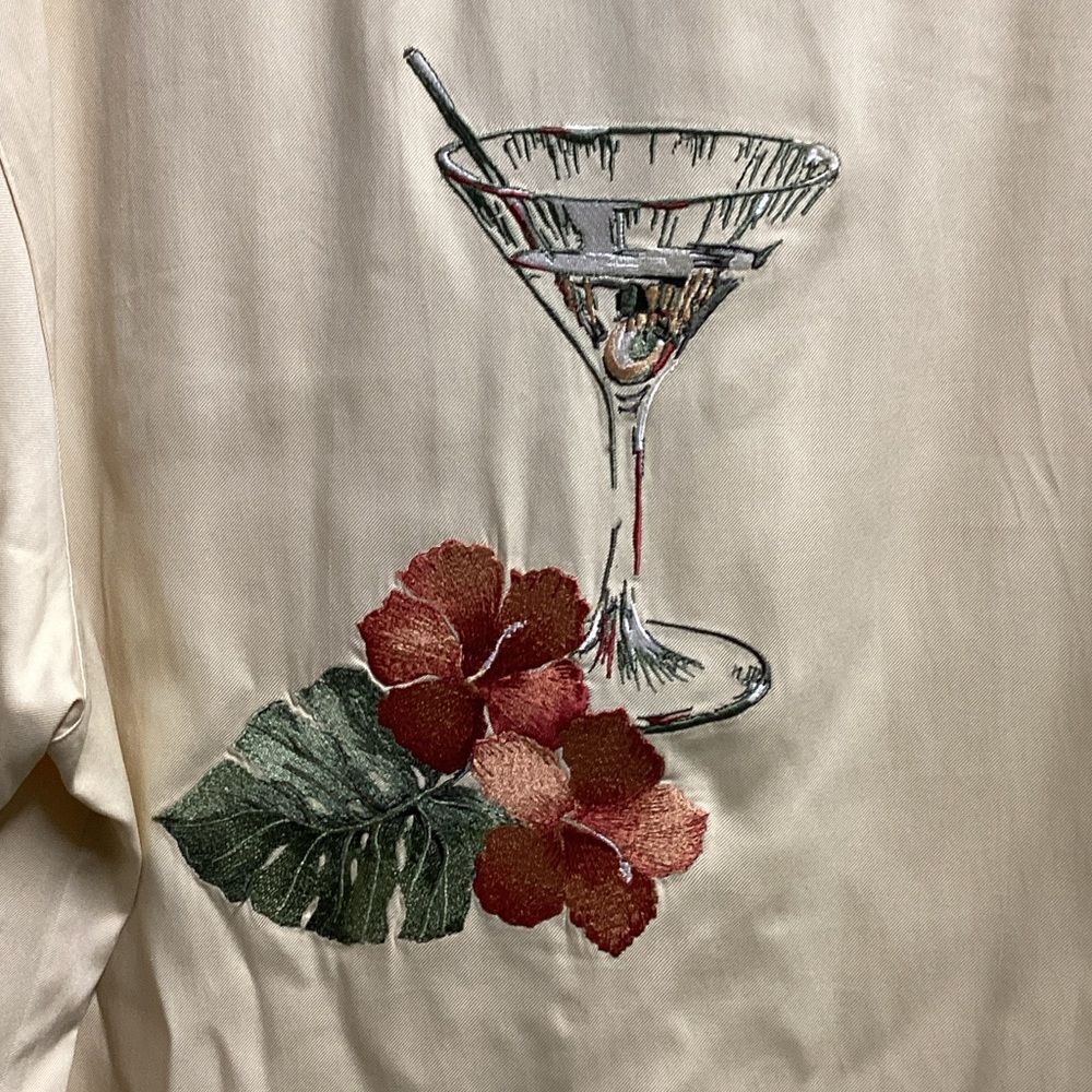 Caribbean Cream Shirt with Red Hibiscus, Green Leaf & Silver Martini Embroidery